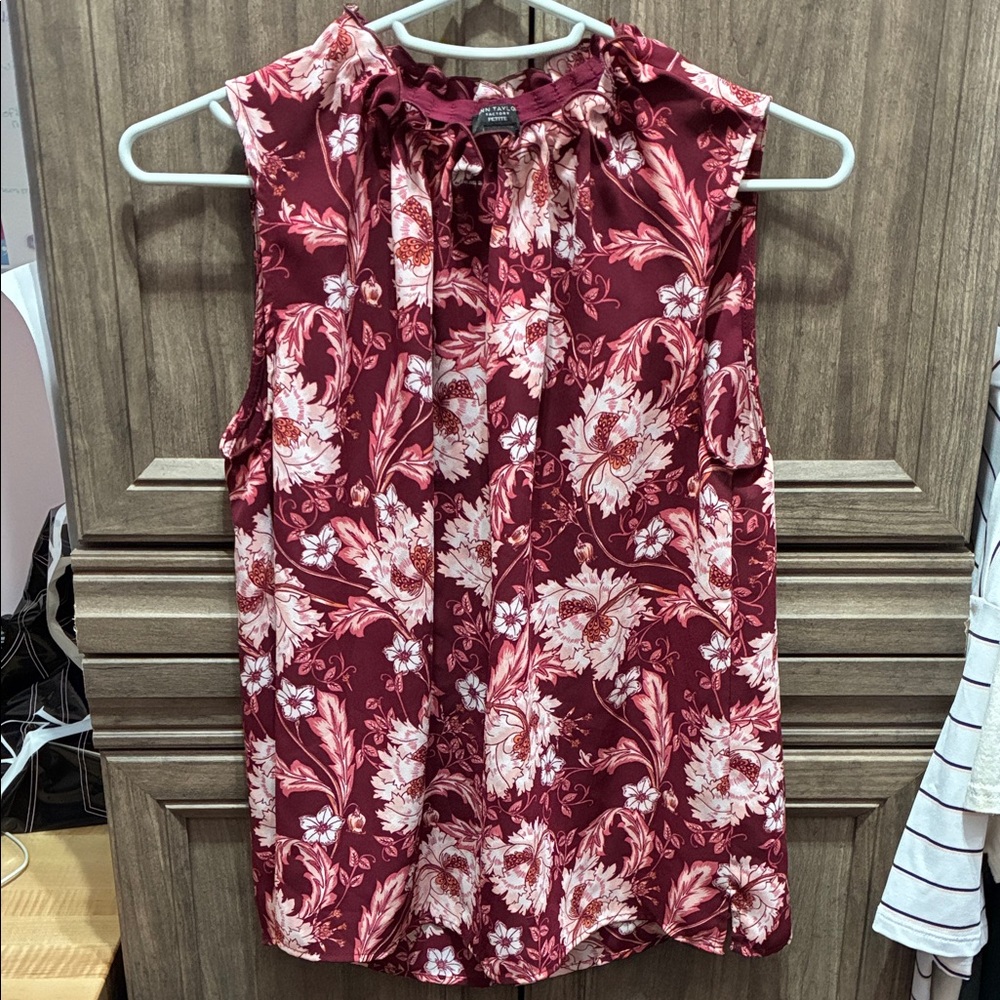 Ann Taylor Factory Burgundy and Pink Floral Blouse